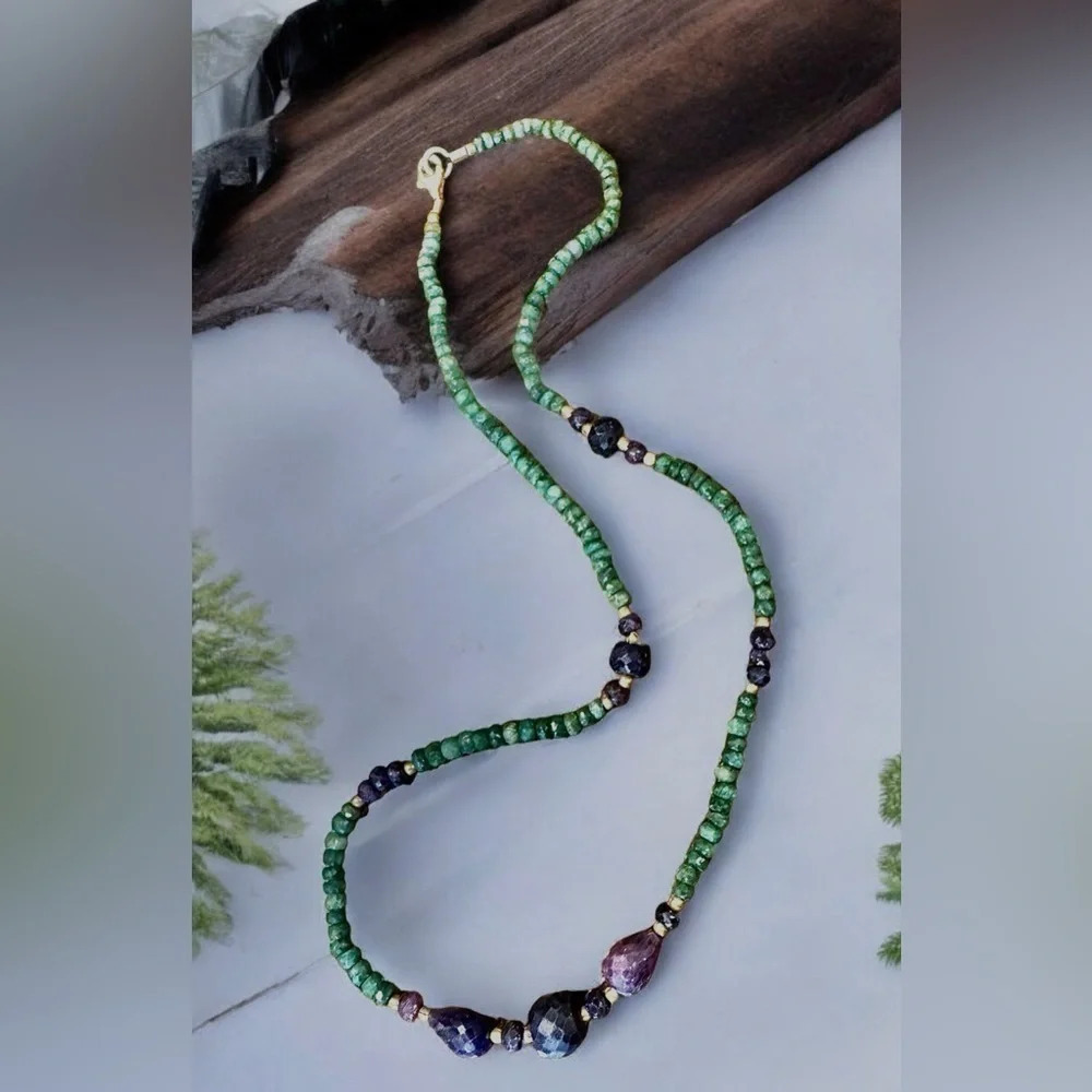 Artisan Green and Purple Beaded Gemstone Necklace